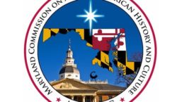 Logo for the Maryland Commission on African American History and Culture (MCAAHC), symbolizing social equity, featuring the State House, state flag, map outline, and a blue starburst, all encircled by the commission’s name.