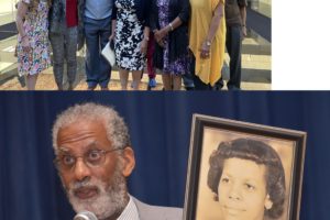 Pictured along with members, officers, and supporters of the Greater Kansas City Black History Study Group are: first on the left-Lora Vogt(Curator of Education and Interpretation at the National WWI Museum and Memorial) and 3rd from the left-Larry Lester(President, GKCBHSG).
2nd Picture: Professor Gregory S. Cooke holding a photo of his mother, a Rosie the Riveter