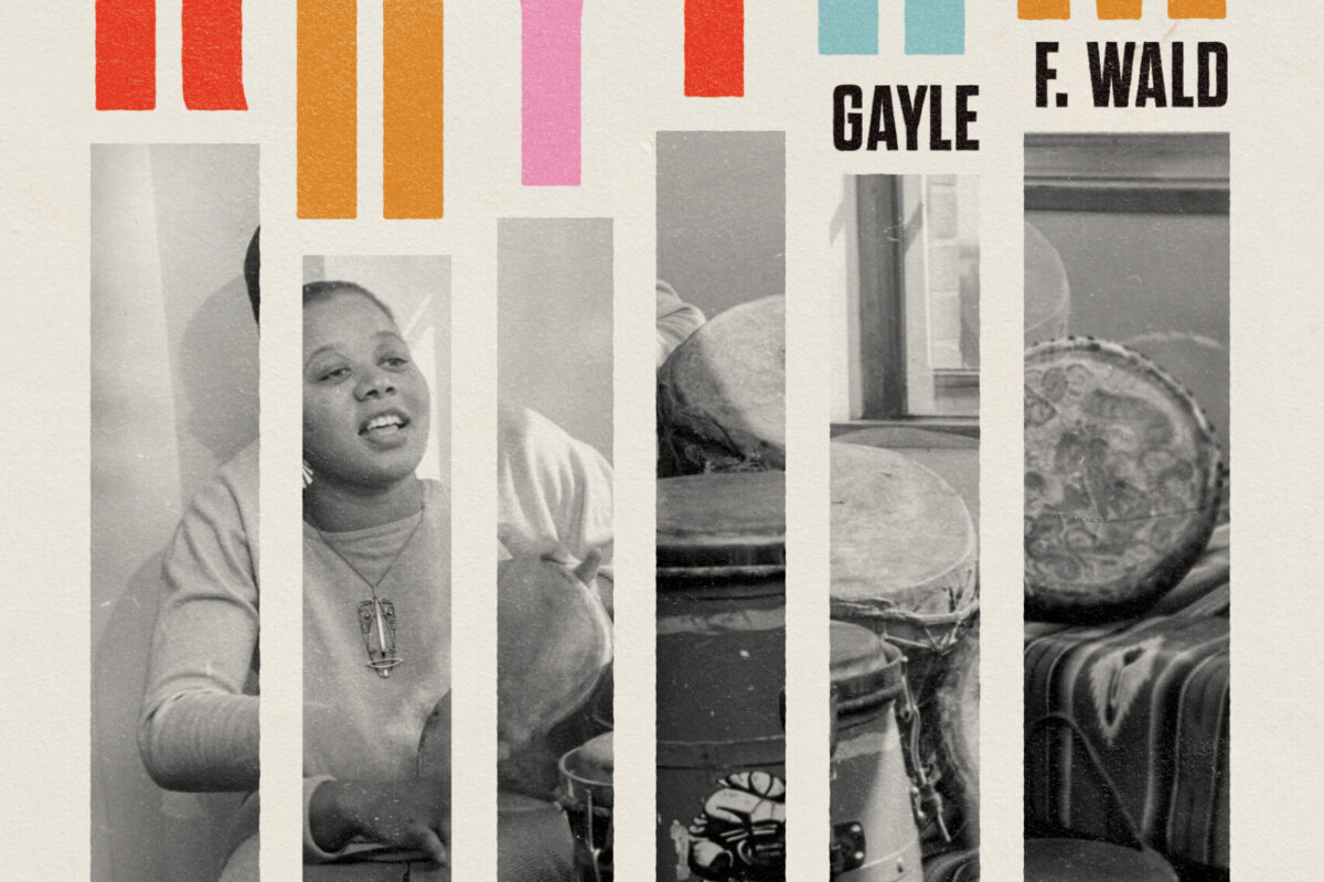 Book cover with bold colorful text reading This Is Rhythm by Gayle F. Wald. Below are vertical bars framing a black-and-white photo of Ella Jenkins with drums. Subtitle: Childrens Music and the Long Civil Rights Movement.