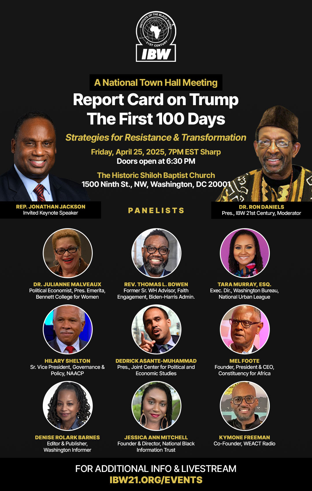 Flyer for a National Town Hall Meeting on “Trump: The First 100 Days” featuring keynote speaker Rep. Jonathan Jackson, moderator Dr. Ron Daniels, panelists’ photos, event details, Trump report card highlights, and livestream info.