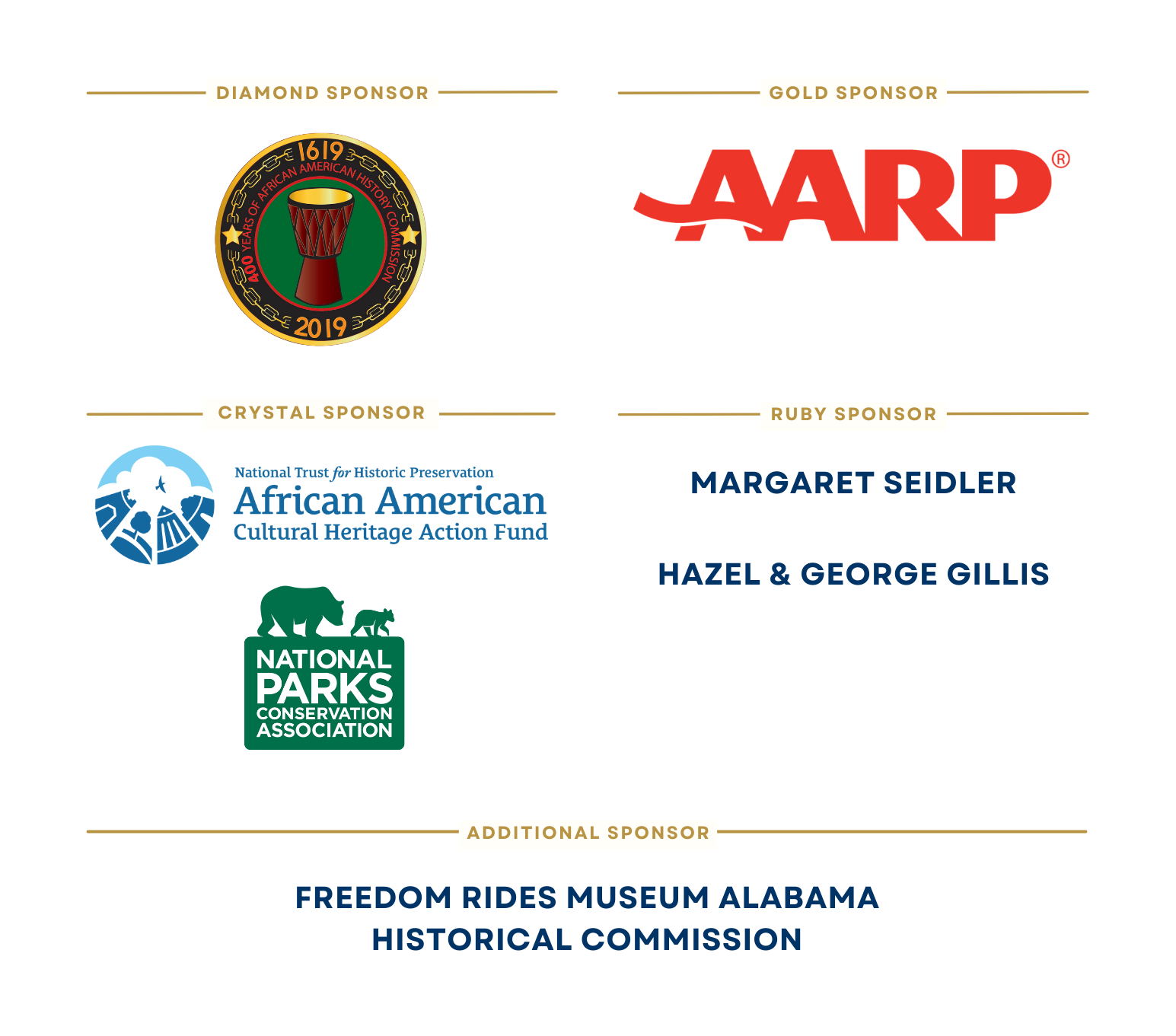 A graphic listing sponsors: Diamond Sponsor—1619 logo; Gold Sponsor—AARP logo; Crystal Sponsor—African American Cultural Heritage Action Fund logo; Ruby Sponsor—Margaret Seidler, Hazel & George Gillis; and others.
