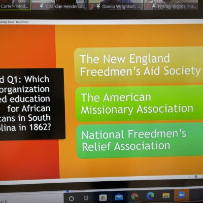 A quiz question on a screen for the Dr. Charles R. Drew Knowledge Bowl asks, Which organization started education for African Americans in South Carolina in 1862? Three answer choices are shown: The New England Freedmen’s Aid Society, The American Missionary Association, National Freedmen’s Relief Association. A quiz question on a screen for the Dr. Charles R. Drew Knowledge Bowl asks, Which organization started education for African Americans in South Carolina in 1862? Three answer choices are shown: The New England Freedmen’s Aid Society, The American Missionary Association, National Freedmen’s Relief Association.